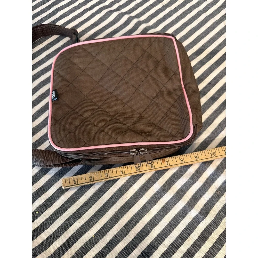 J.L. Childress Brown Pink Quilted Insulated Lunch Bag Adjustable Shoulder Strap